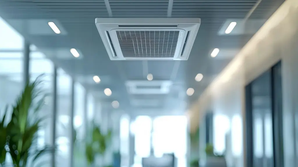 Climatiseur moderne fixé au plafond dans un intérieur de bureau au design épuré